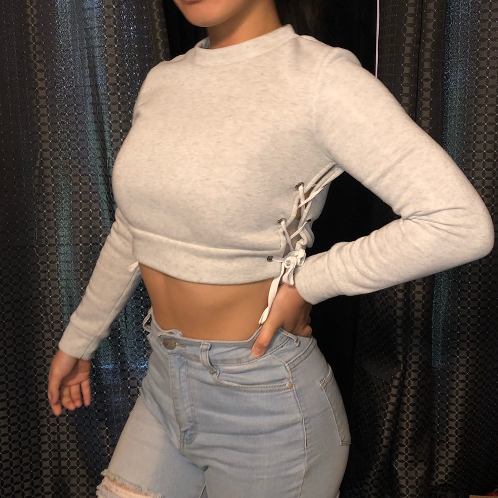 Light Grey Side Laced Crop Sweater